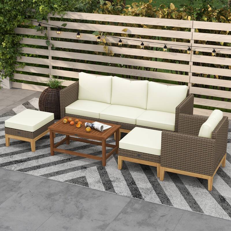 Outsunny Wooden Patio Furniture Set with Thick Padded Cushions, 5-Piece PE Rattan Sectional Sofa with Acacia Wood Top Coffee