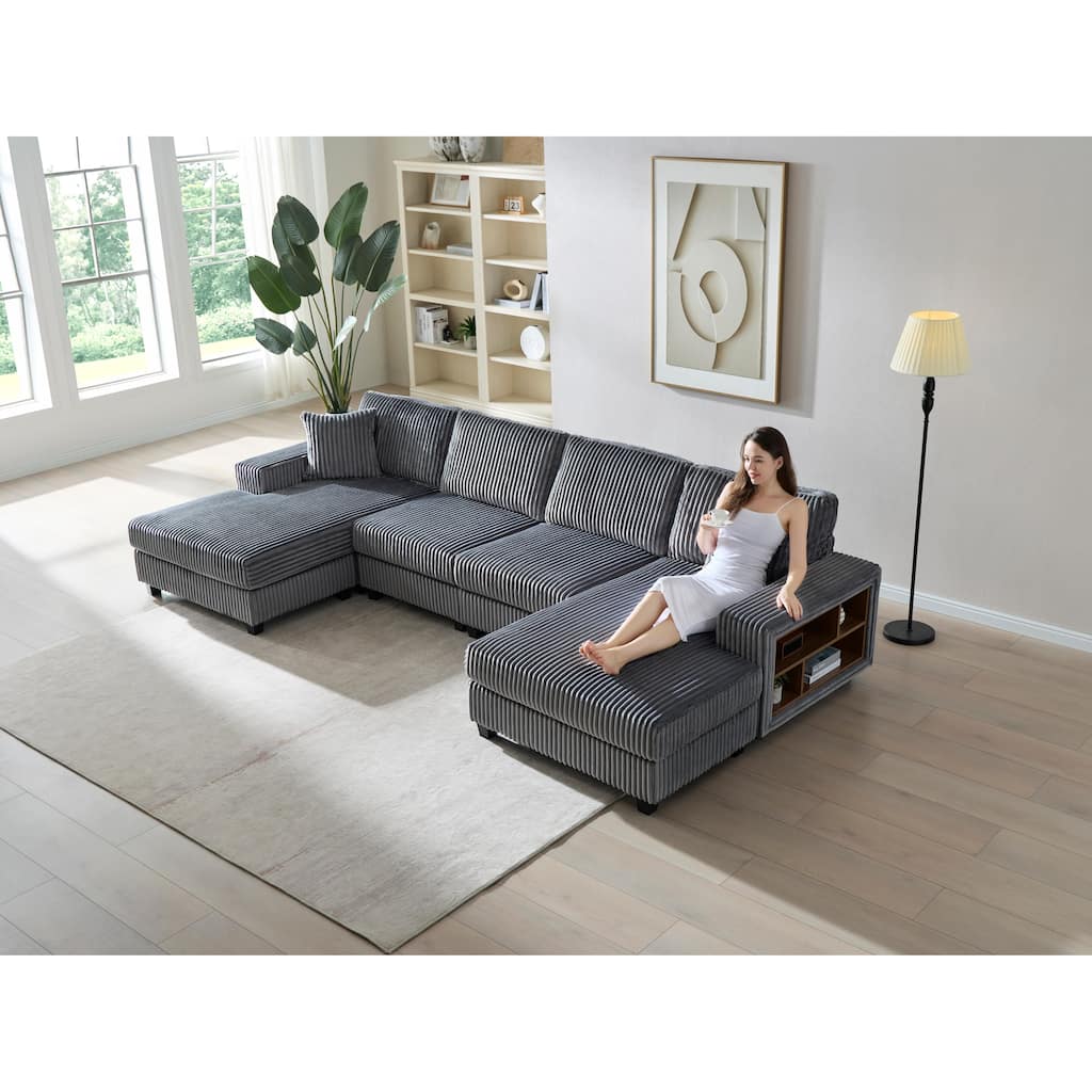Modern U-Shaped Convertible Sofa, Corduroy Fabric, 4-Seat Large Sectional, Dark Grey