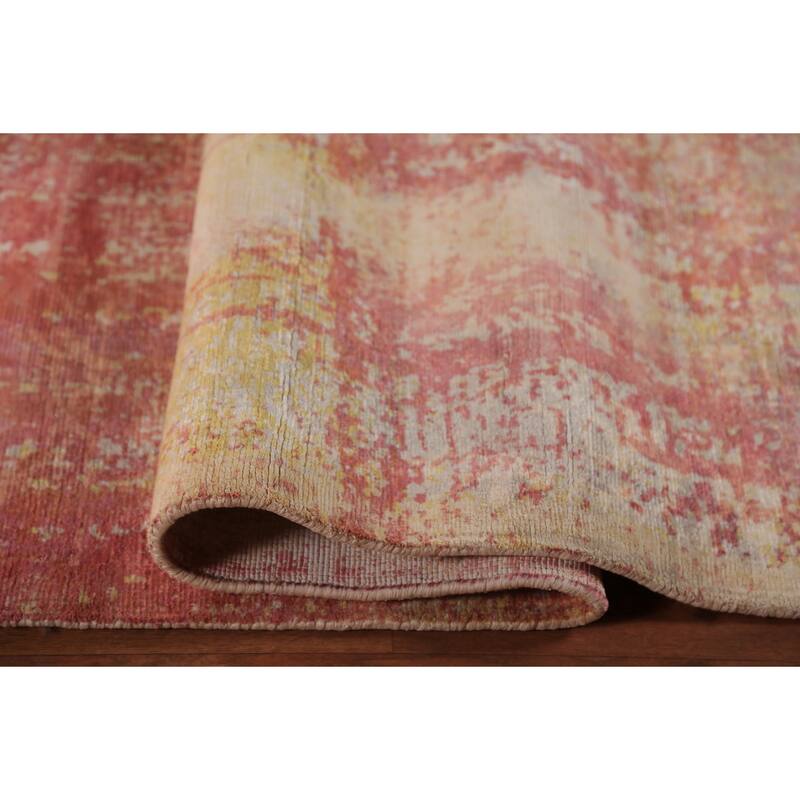 Contemporary Abstract Indian Area Rug Hand-Knotted Orange Wool Carpet - 9'0"x 11'8"