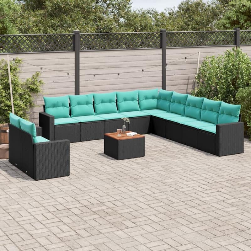 vidaXL Patio Sofa Set with Cushions Outdoor Furniture 12 Piece Poly Rattan - 25.8x 24.4x 27.2 - Black and Blue