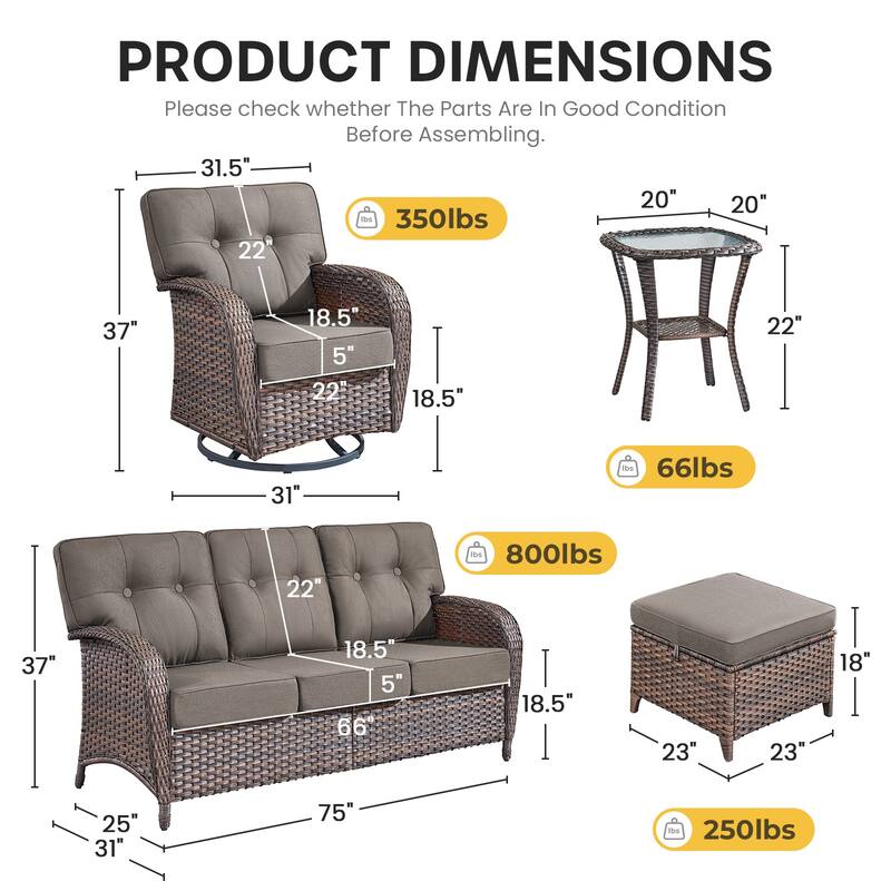 Gymojoy 6-Piece Outdoor Wicker Patio Furniture Set, 5" Thick Cushioned Rattan Set with Swivel Chairs & Ottomans