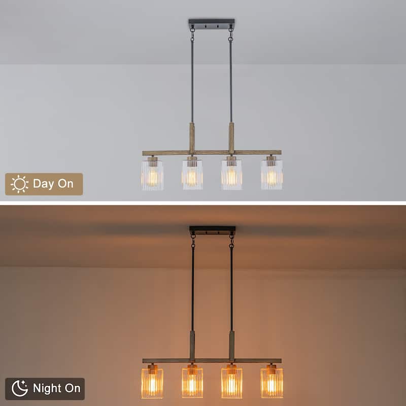4-Light Faux Wood Linear Island Chandelier with Ribbed Glass Shades - Dia.30.51-in