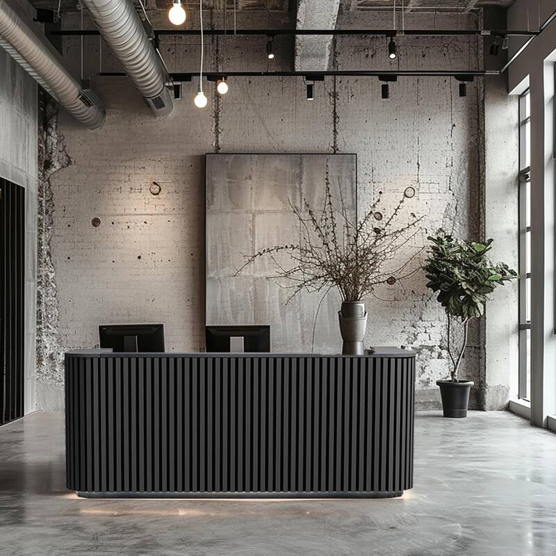 WESOME 70.87in Black Mid Century Curved Reception Desk with Outlet Cable Box LED Light
