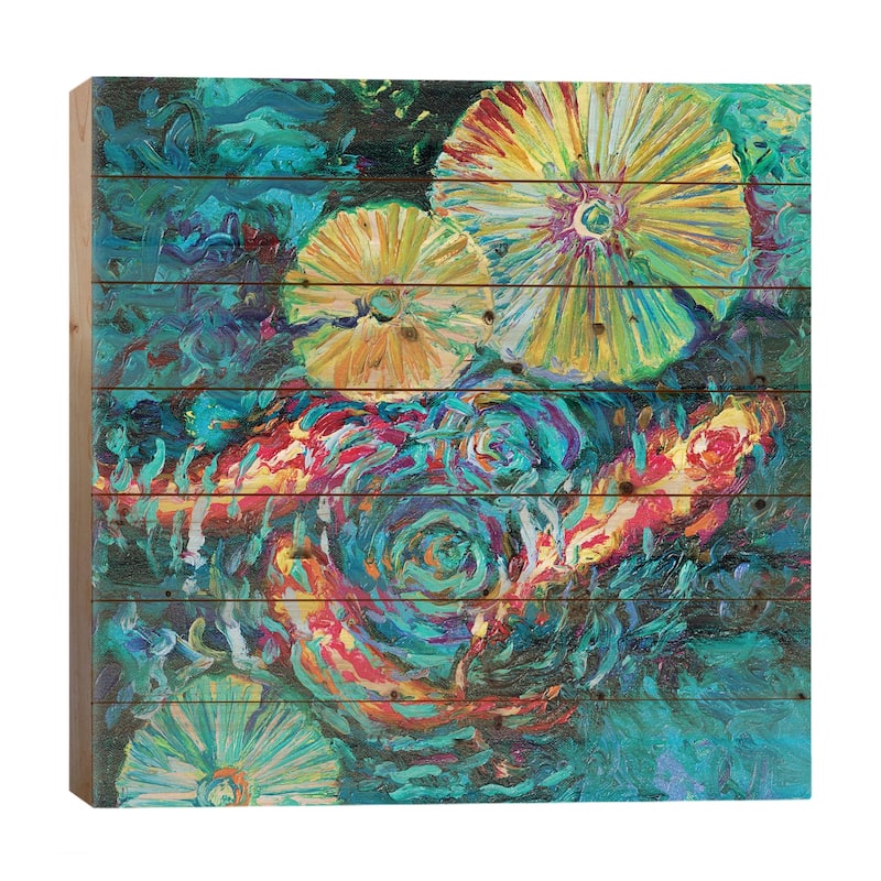 Pesci In Sunflowers Print On Wood by Iris Scott - Multi-Color - 26x26x1.5