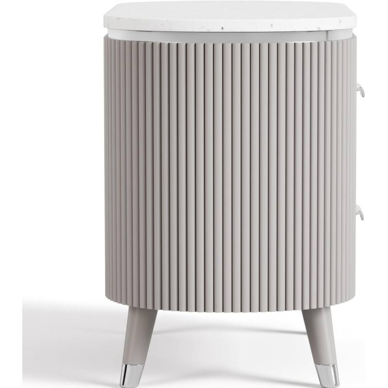 Contemporary Nightstand - Stone Top with Chrome Pulls & Light Gray Finish