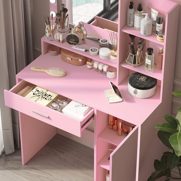 Vabches Vanity Desk With LED Light Mirror And Charging Station 30.3in, Small Vanity Set With 4 Storage Shelves 2 Drawers, Vanity