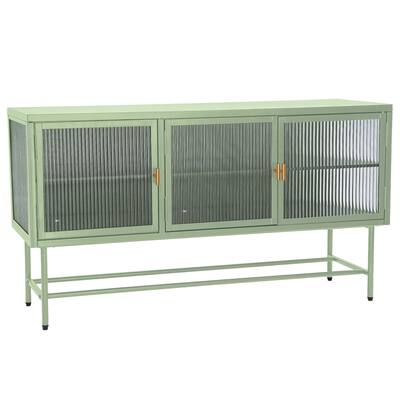 Mint Green Retro Style Entertainment Center TV Stand with Reeded Glass Design and Detachable Shelves