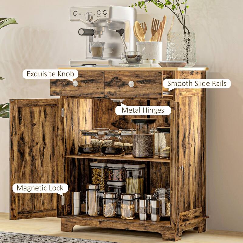 HOMCOM Sideboard with Solid Wood Countertop, Modern Kitchen Storage Cabinet, Coffee Bar Cabinet with 2 Drawers