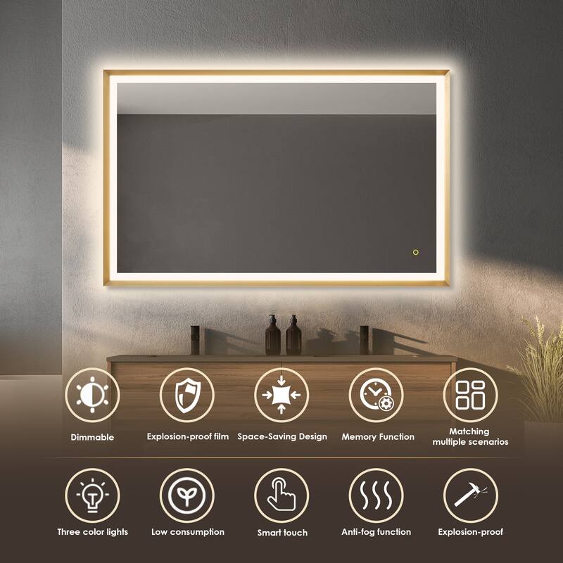 Apollo Rectangular Anti-Fog Dimmable Modern Bathroom/Vanity LED Lighted Wall Mirror in Brushed Gold Aluminum Framed