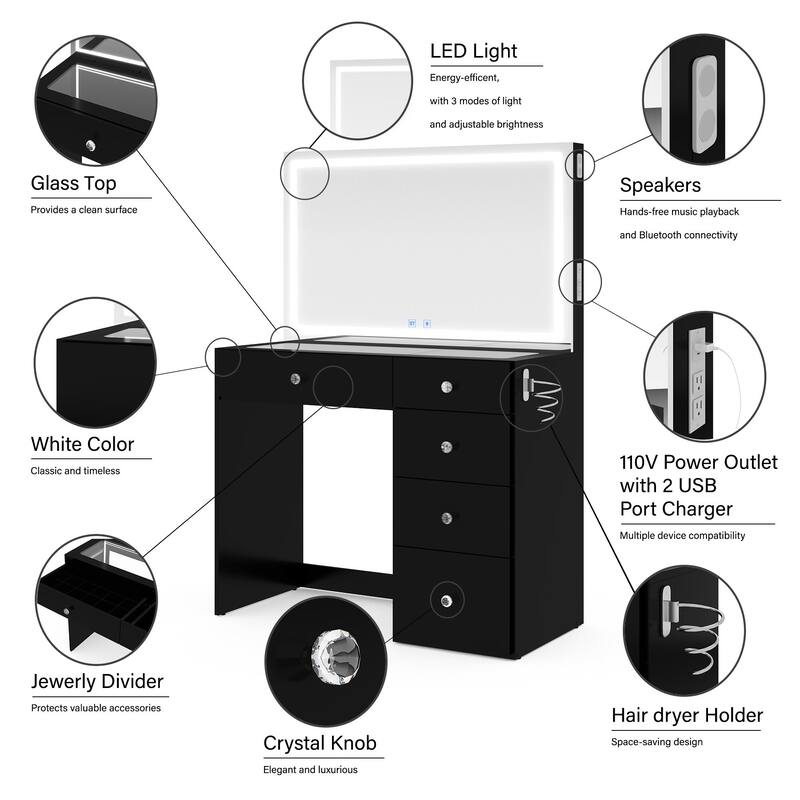 Boahaus Emilia Vanity Desk with Bluetooth Speakers & LED Mirror