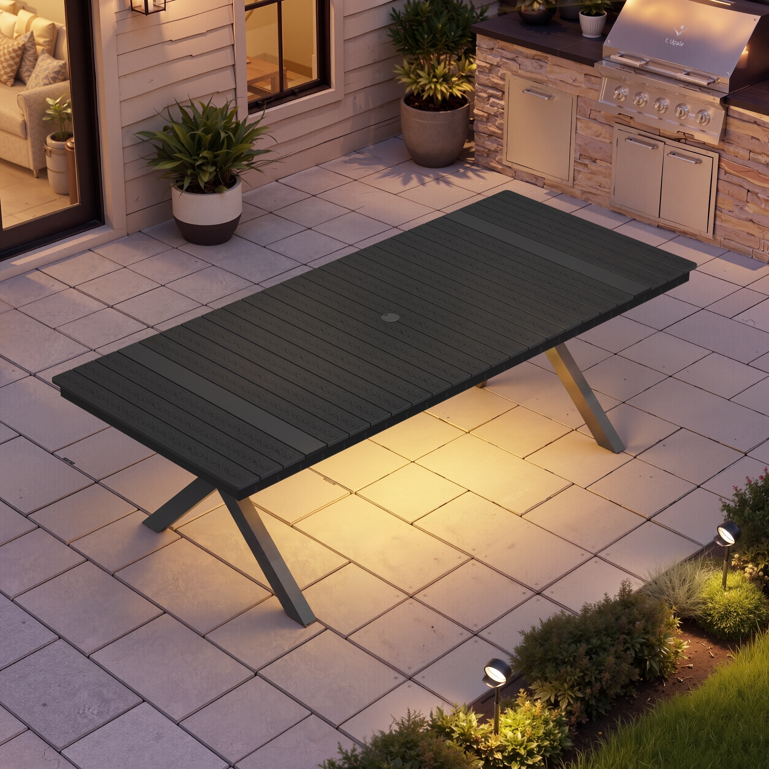 Outdoor Patio All-Weather Aluminum Dining Table with LED Light Strip & Umbrella Hole