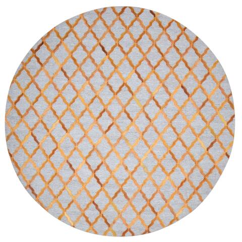 One of a Kind Hand-Woven Modern 6' Round Trellis Leather Gold Rug - 6' Round