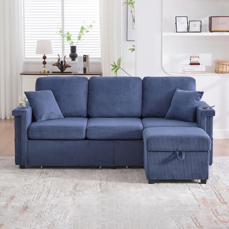L-Shaped Sectional Sofa with Pull-Out Storage,Ottoman & Pillows 3-Seat with USB Charging,Cup Holder, Convertible Design