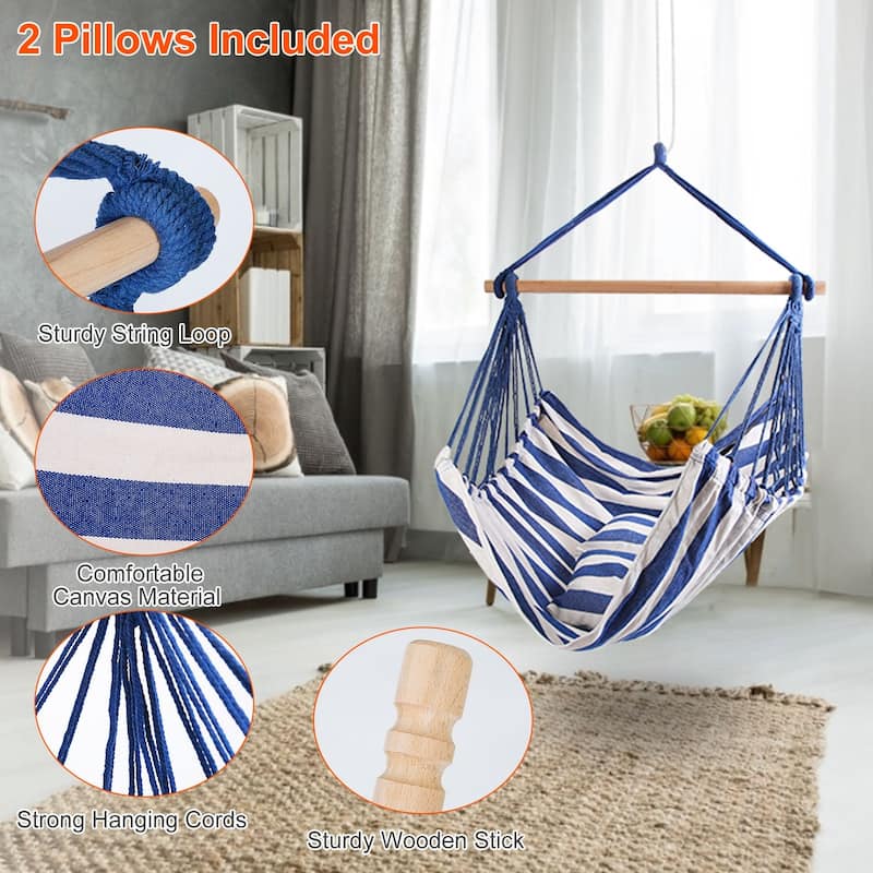 Cotton Canvas Swing Seat Hanging Hammock Chair with Pillows and Wooden Bar for Indoor or Outdoor - 39” x 51”