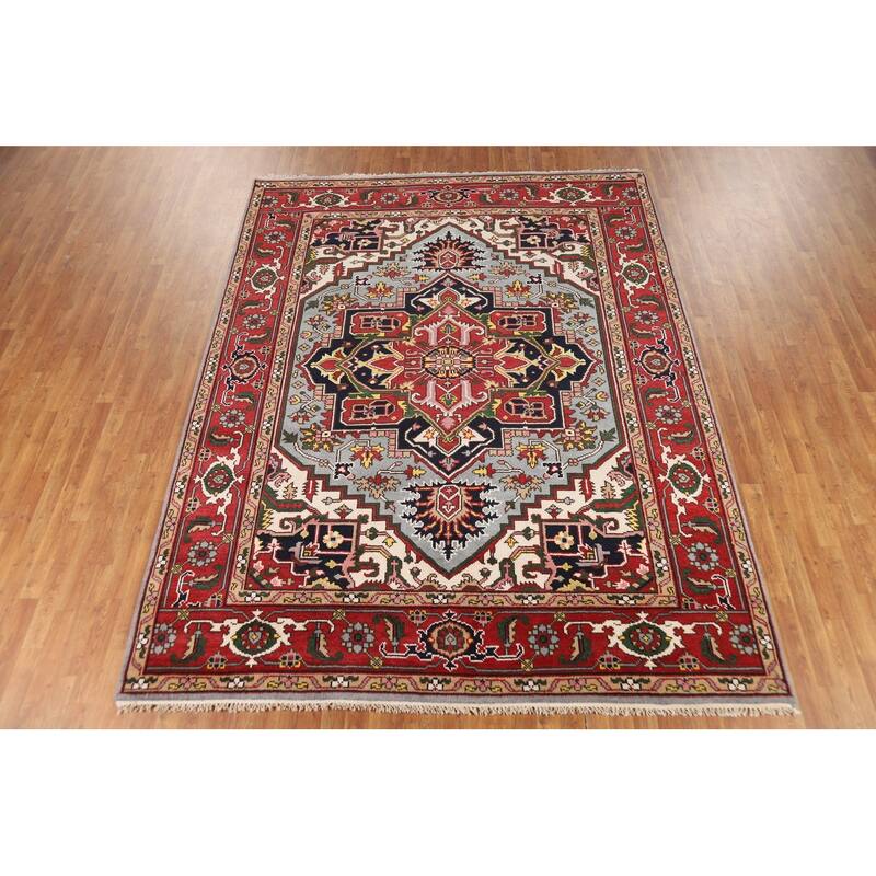 Light Blue Geometric Heriz Serapi Indian Area Rug Handmade Wool Carpet - 7'11"x 10'5"