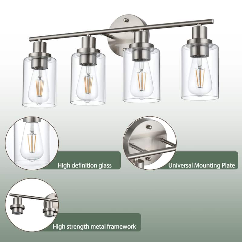 4-Light Bathroom Light Fixtures, Brushed Nickel Modern Vanity Lights Over Mirror with Clear Glass Shade, Bathroom Wall Lamp