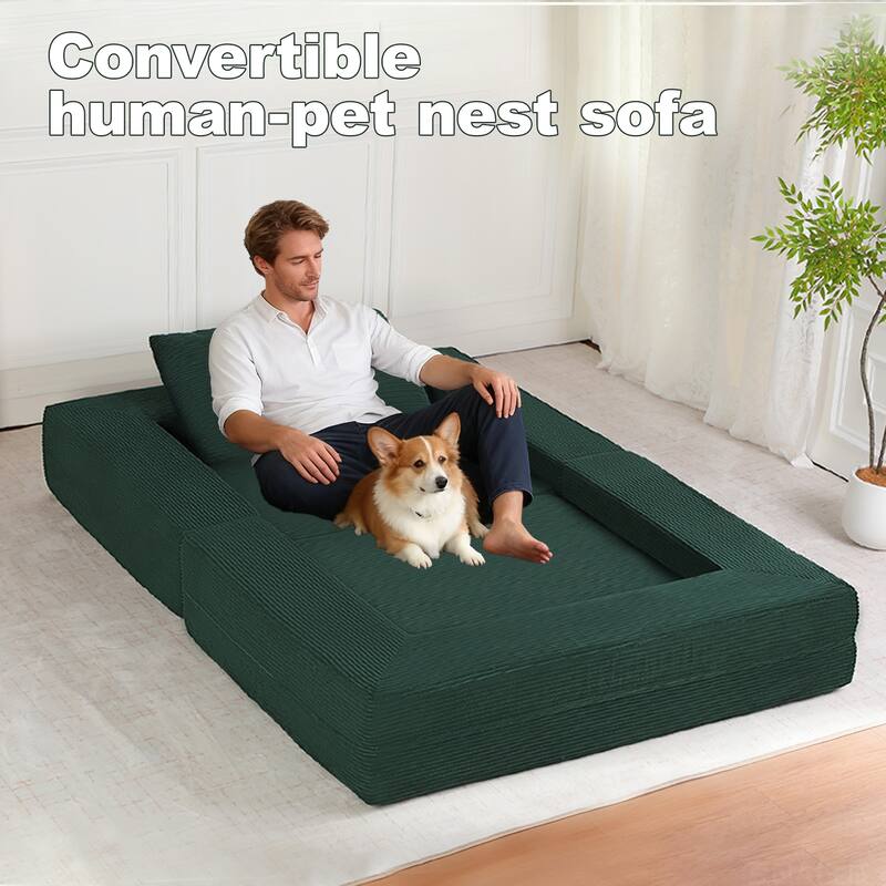 Compression Human Dog Sofa Bed for Adult & Pets, Modern Floor Couch With Pillow for Living Room Bedroom, Corduroy Fabric