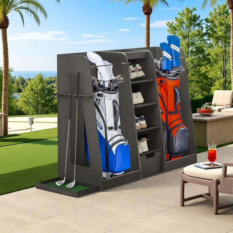 Wooden Golf Bag Organizer and Storage Rack - Holds 2 Golf Bags, 12 Clubs, 4-5 Pairs of Golf Shoes, 50+ Golf Balls - 55.5'' Gray
