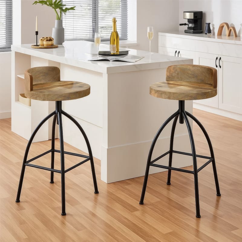 Pia 32-35 Extra Tall Adjustable Barstool, Natural Brown Mango Wood Seat, Black Iron Frame
