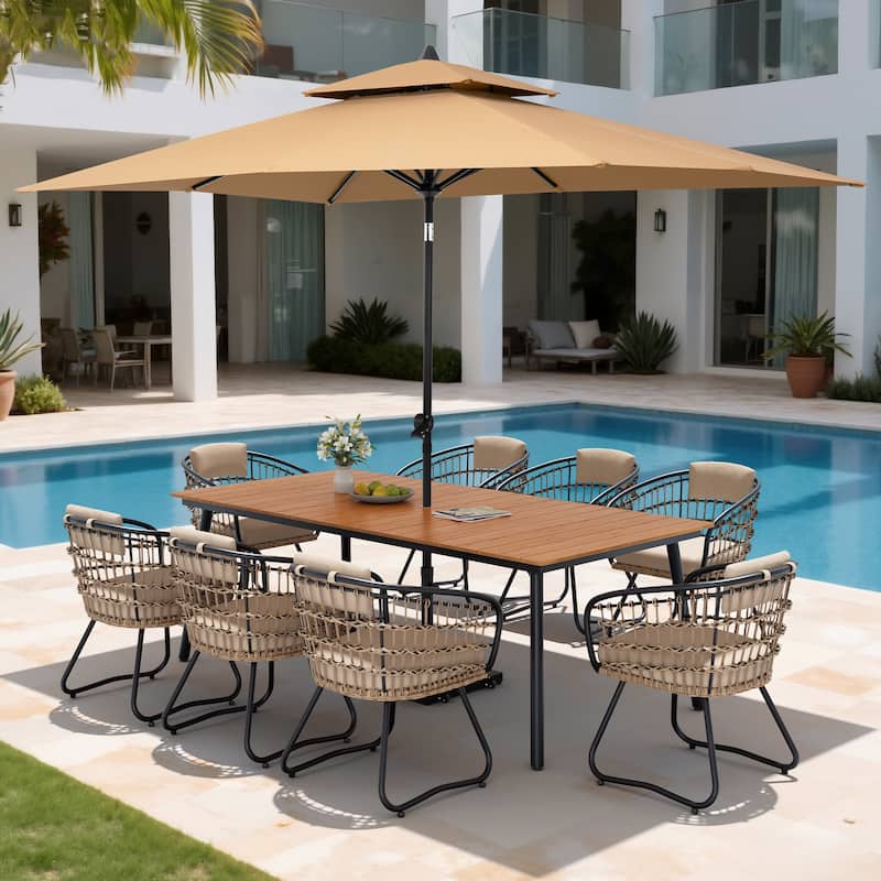 11PC Outdoor Patio Dining Set Aluminum Table with Rattan Chairs w/ Premium Market Umbrella Sets - BrownTable&BeigeChairs&TanUmbrella
