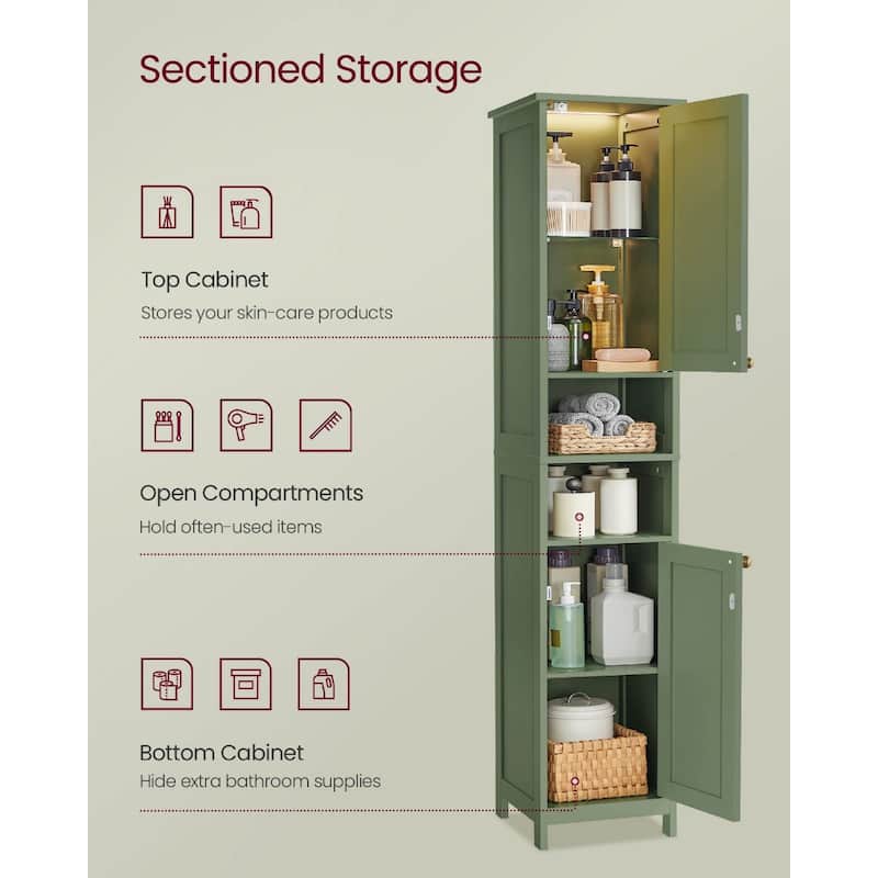 Forest Green Tall Bathroom Cabinet with Door Activated Light Adjustable Shelves - 11.8"D x 15.7"W x 66.9"H