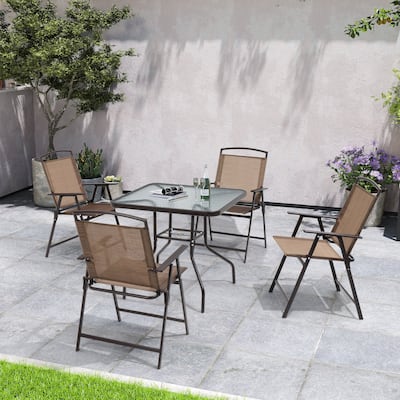Outdoor 5-piece Patio Dining Set Folding Chairs and Glass Table with Umbrella Hole - See the specifications