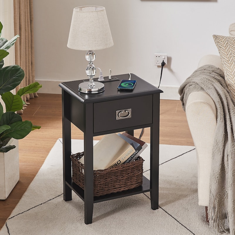 VECELO Mid Century Modern Nightstand with Charging Station and USB Port, Set of 2 Nightstands