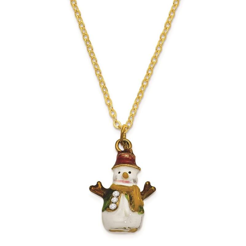 Curata Pewter Bejeweled Crystals Gold-Tone Enameled Logan Snowman Tree Trinket Box on 18 Inch Necklace