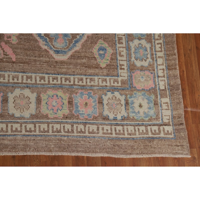 Hand Knotted Oriental 100% Wool Carpet Transitional All-Over Brown Oushak Area Rug - 12' 4'' X 9' 5''