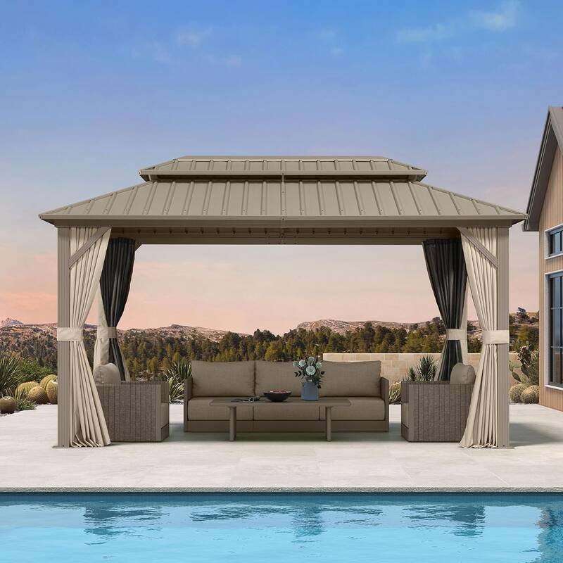 PURPLE LEAF Outdoor Hardtop Gazebo Champagne Metal Frame Galvanized Steel Double Roof with Curtains and Netting for Poolside - 08' x 14' - Gold
