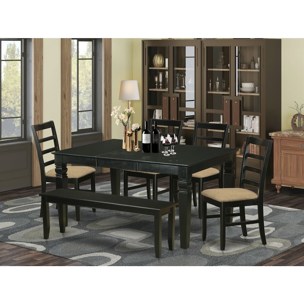 HomeStock 6-Piece Rectangle Black Finish Solid Wood Top dining Table with 1 Bench and 4 Chairs with Lattice Back