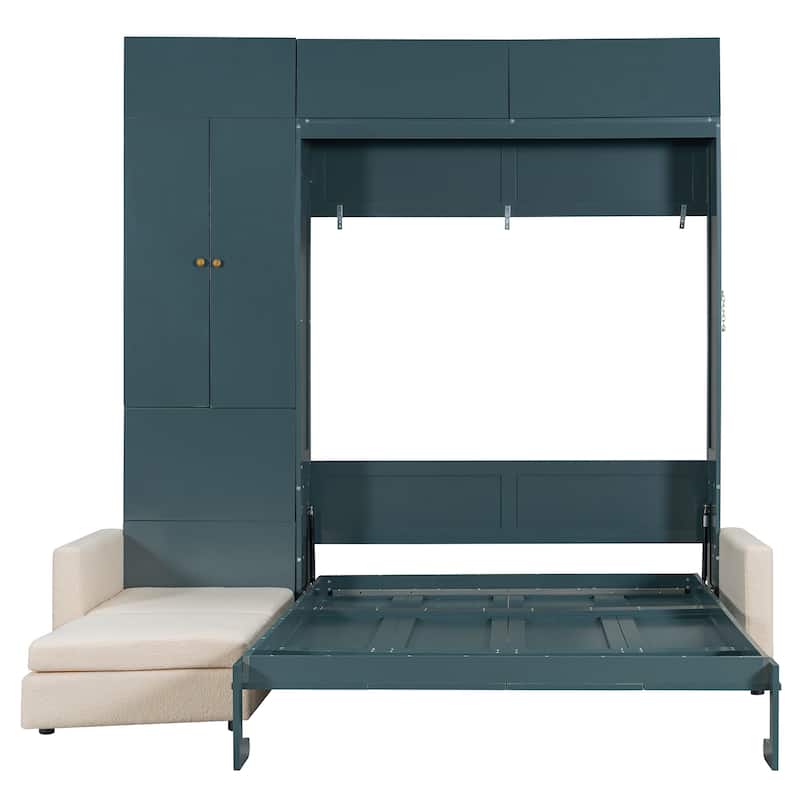 Queen Size Storage Murphy Bed Cabinet with L Shaped Sofa, Solid Wood Wall Murphy Bed Frame, No Box Spring Needed