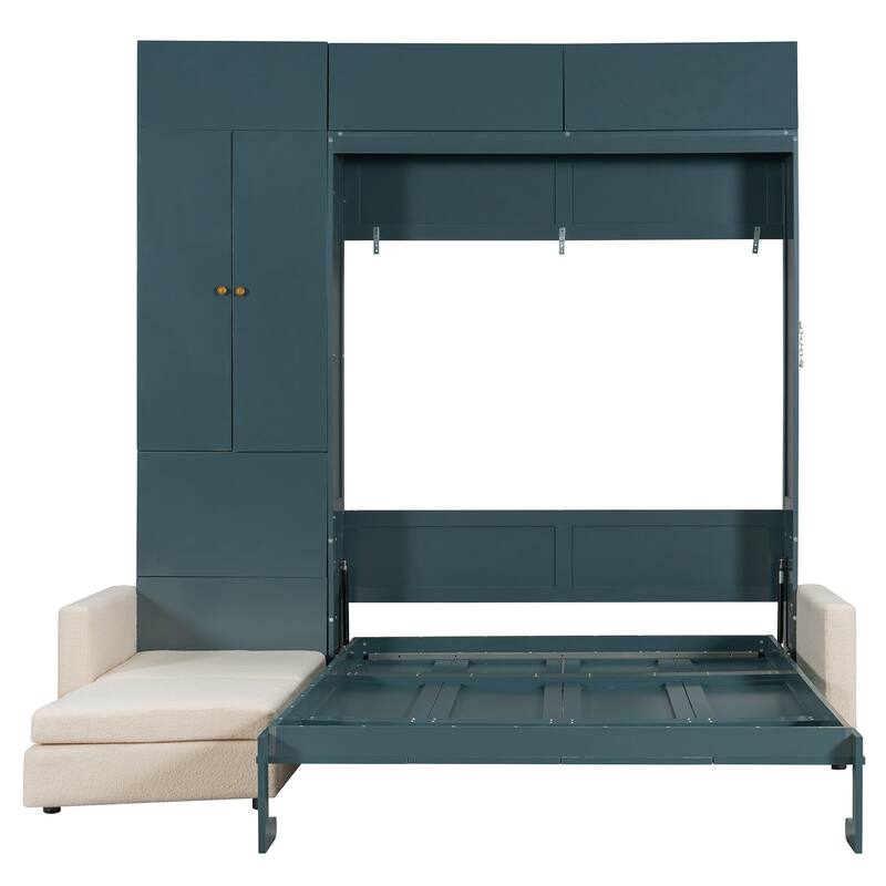 Versatile Queen Size Murphy Bed Wooden Folding Bed Frame integrated with L-shaped Chaise Sectional Sofa and Storage Cabinets