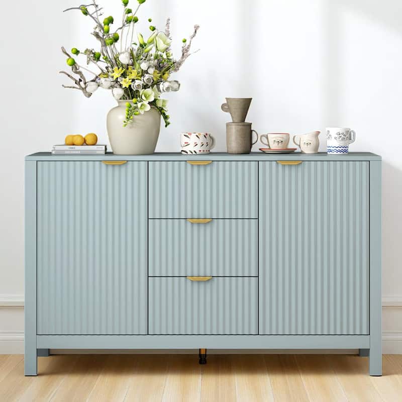 Wave Pattern Sideboard Cabinet with 3 Drawers, Soft-Close Doors & Adjustable Shelves, Entryway Storage Console - Cyan