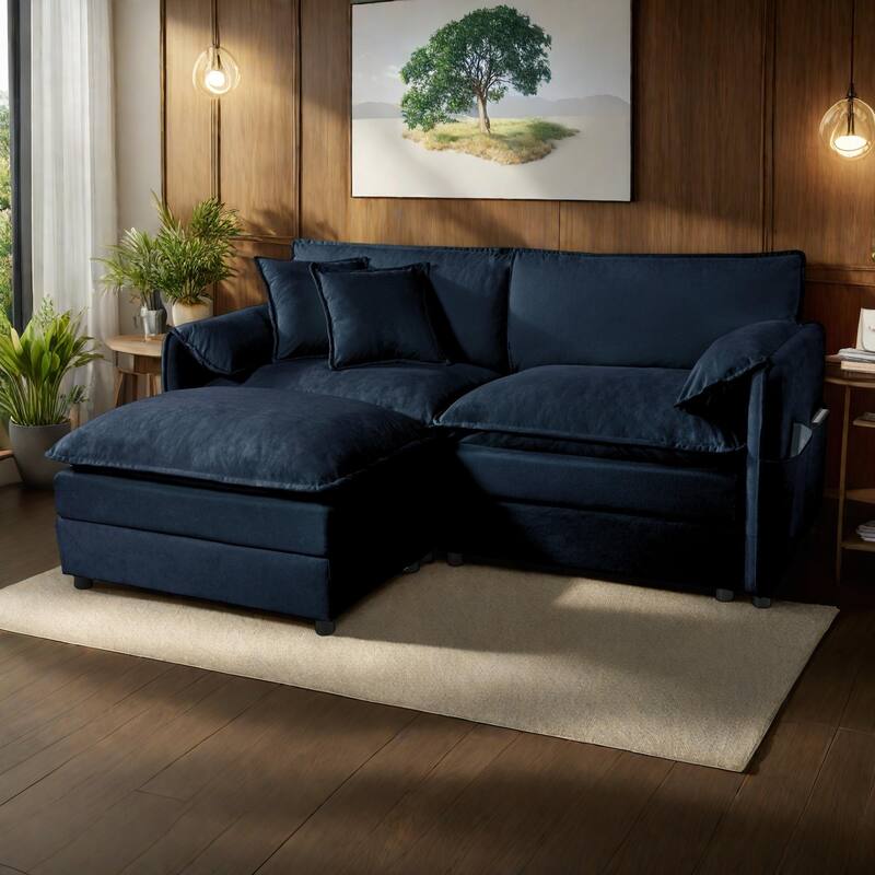 75.59" Chenille Upholstered L-Shaped Modular Sectional Sofa with Double-Layer Cushions, DIY Combination - Blue
