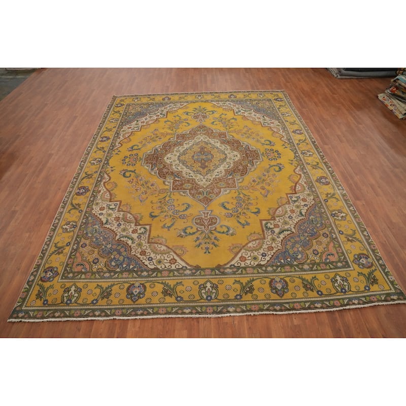 Hand Knotted Oriental 100% Wool Carpet Traditional Floral Yellow & Gold Tabriz Area Rug - 12' 3'' X 9' 7''