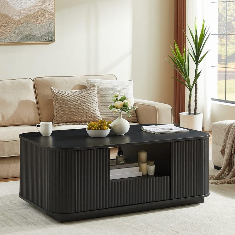 Modern 46.5" Oval Coffee Table with Storage Drawers and Unique Curved Design for Living Room Spaces