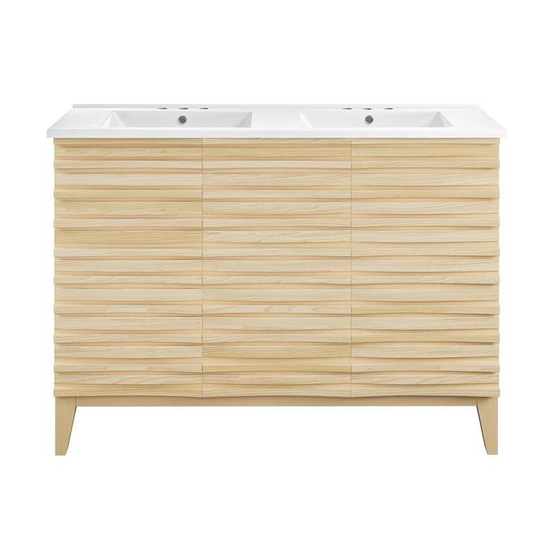 Cascade 48 In. Natural Oak, Double Basin Bathroom Vanity With White, 3-Hole Ceramic Sink Top