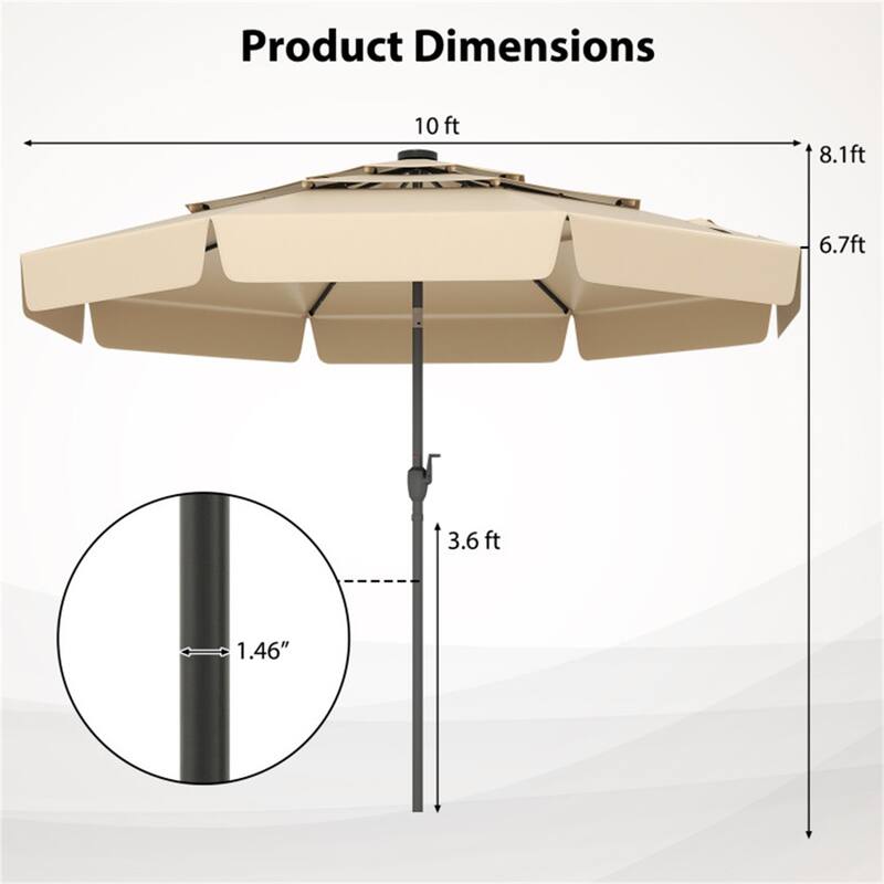 Outdoor 10 ft Umbrella with 3-Tier Venting Solar LED Lights Tilt and Crank for Poolside or Garden