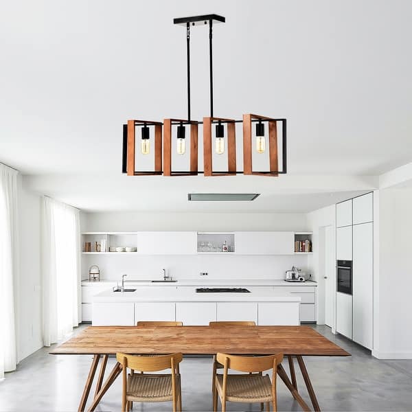 Inlight 34" Farmhouse 4-Light Kitchen Island Pendant – Textured Black & Faux Wood Finish, Rustic Industrial Linear Chandelier, Adjustable Height, ETL Listed