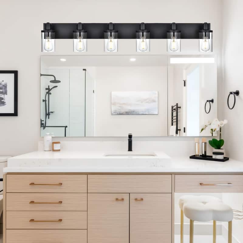 Rustic Wall Light Fixture in Matte Black Finish, 6 Light Bathroom Vanity Lighting with Clear Glass Shade, Wall Lamp Sconces