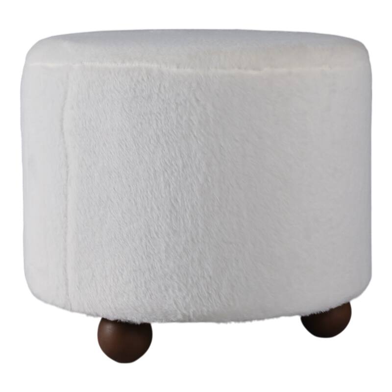 Wood Faux Fur Ottoman Ball Feet Luxury Pouf Footstool - 15" Ivory