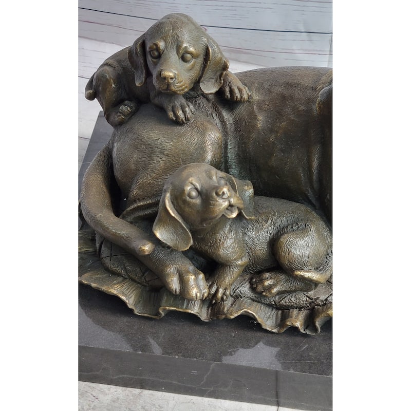Mother Imitative Dog And 2 Puppies Bronze Sculpture Statue Pet Decor Signed Art Marble Base