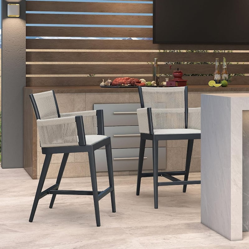 PURPLE LEAF Outdoor Bar Stools Chair Set of 2, All Weather Rattan and Aluminum Patio Bar Stool with Cushion - Grey-counter stool