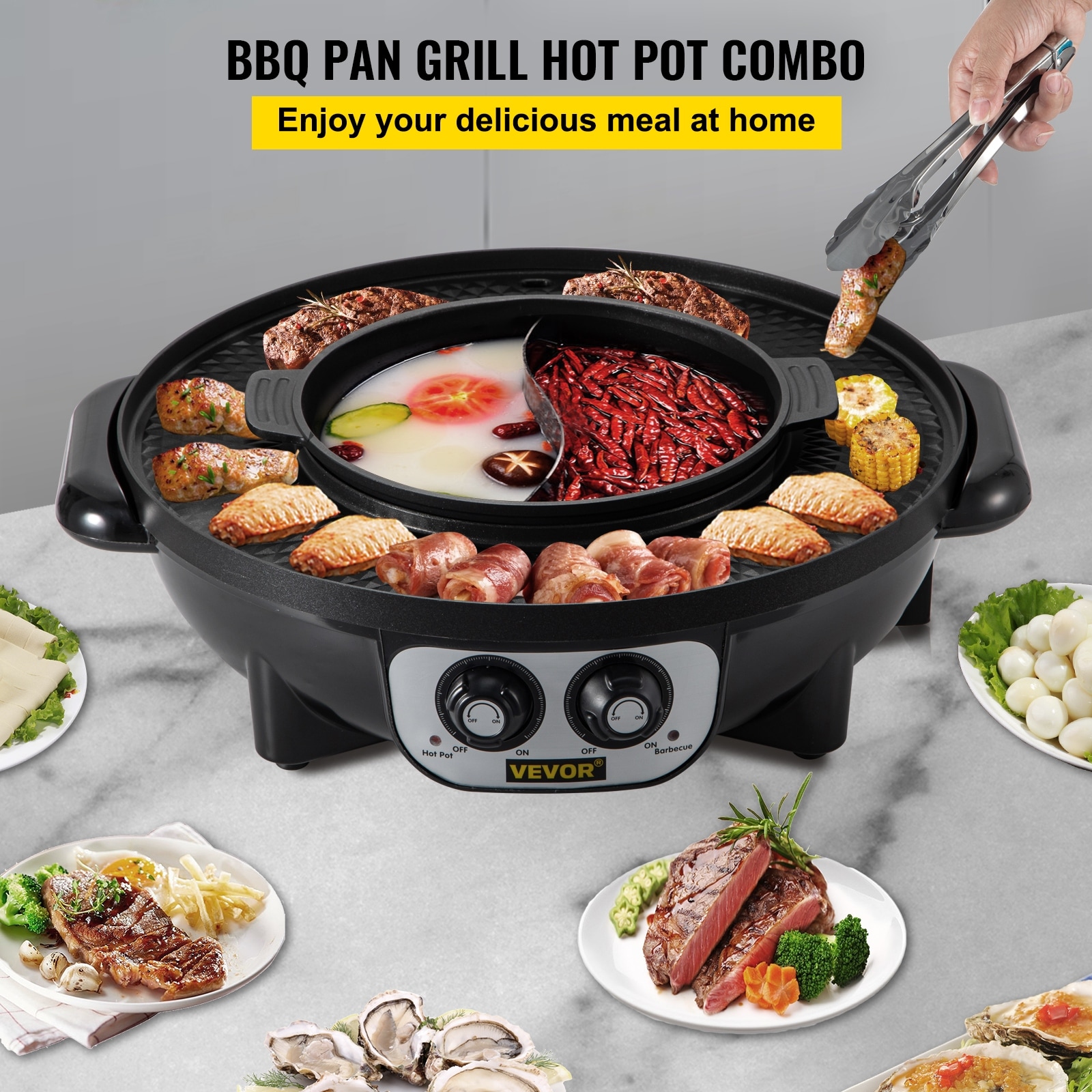 VEVOR 2 in 1 Electric Grill and Hot Pot BBQ Pan Grill and Hot Pot Multifunctional Teppanyaki Grill Pot with Dual Temp Control - 26.4 x 11 x 6.7 inch PC-8002