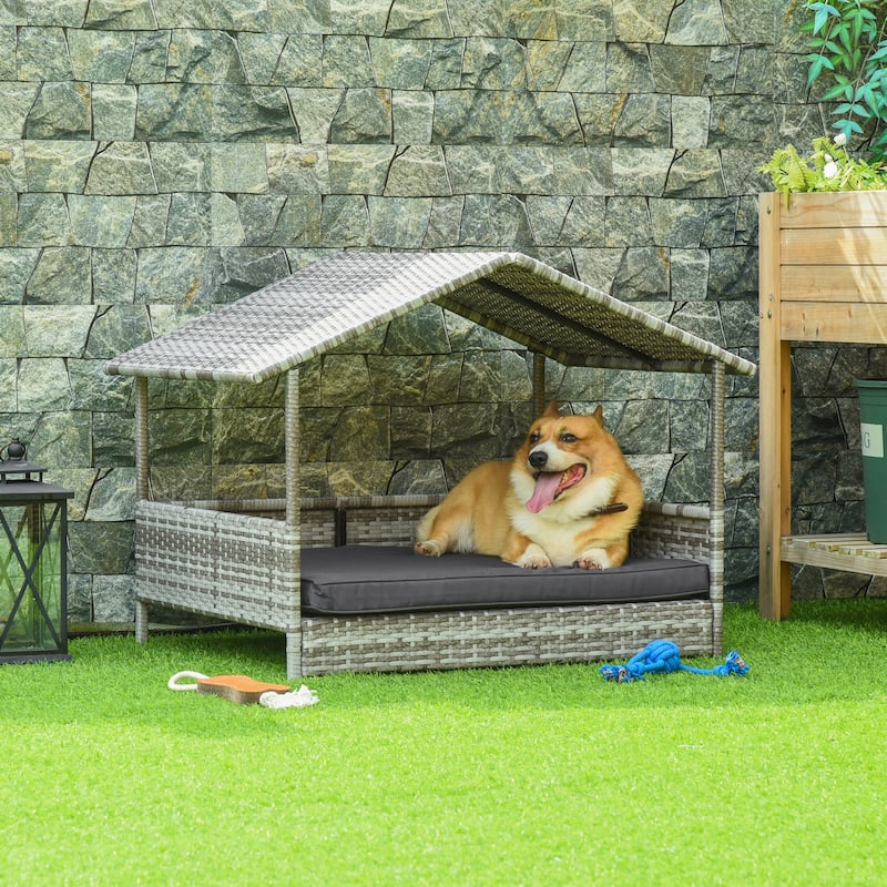 Wicker Dog House Outdoor with Canopy, Rattan Dog Bed with Water-resistant Cushion, for Small and Medium Dogs
