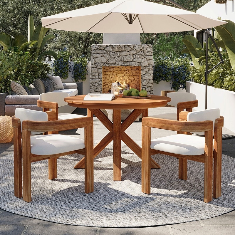 4 person patio dining set with umbrella MIXPATIO 5pc Set, 37" Square Metal Table, Textilene Chairs Comes with four cushioned armchairs and one square patio table 4 - Person Round Outdoor
