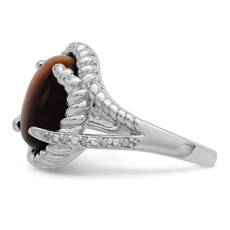 Curata 925 Sterling Silver Polished Tigers Eye and Diamond Ring