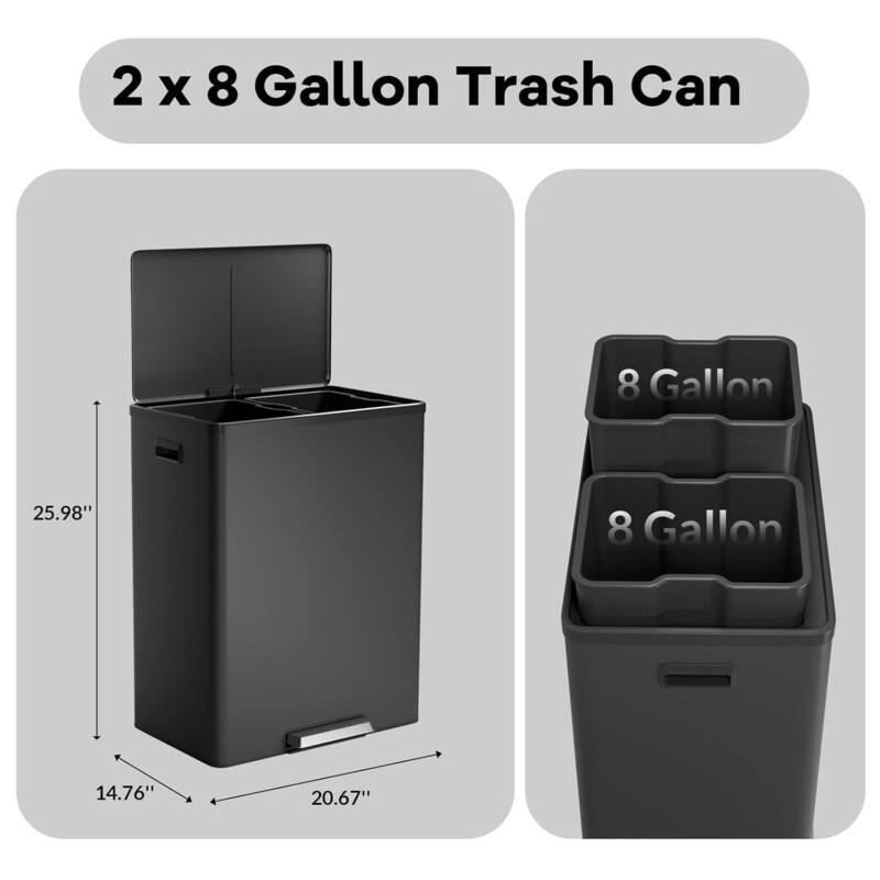 2 x 8 Gal (2 x 30L) Trash Can, for Kitchen, Home, Office (Black)