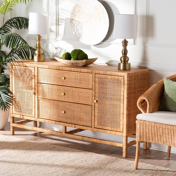 slide 2 of 24, Vivan Natural Rattan Storage Cabinet - 3-Drawer Handwoven Wicker Accent Cabinet with Interior Shelving and Elevated Base